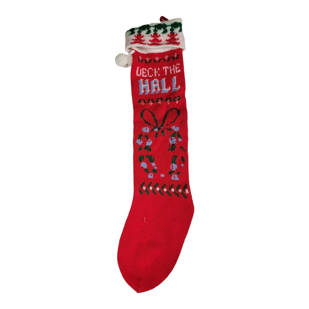 Christmas Stocking Long‎ Skinny Knit Trimmed Green Red Tree 24in  vintage
